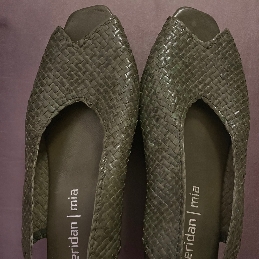 Olive green leather wedges